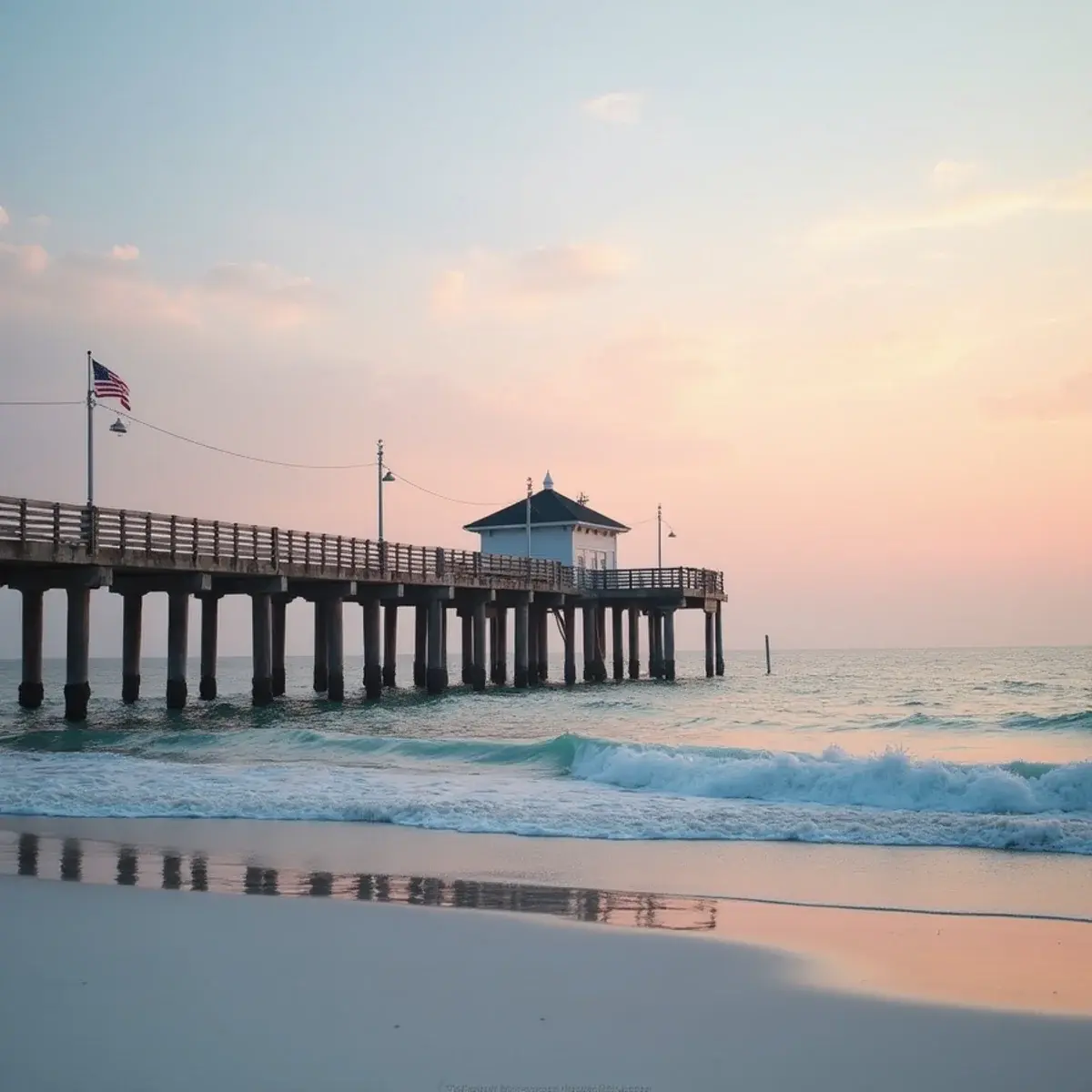 Flights to Fort Myers: Fort Myers Beach pier with white sand, gentle Gulf waves, and pastel sunset sky