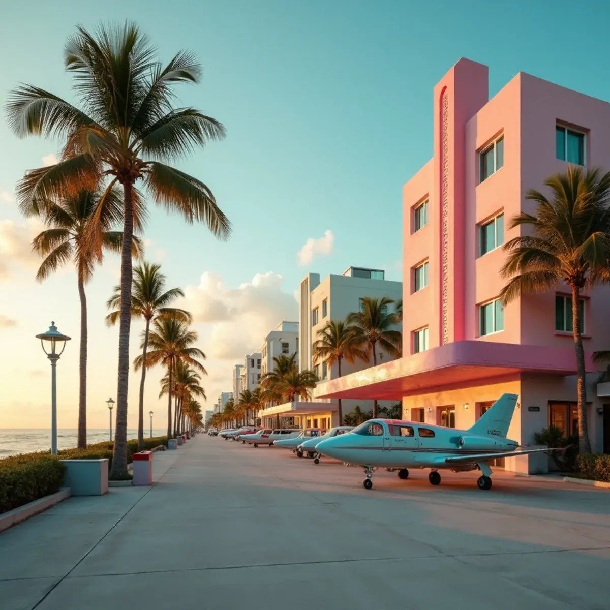 Flights to Miami: Miami South Beach Ocean Drive art deco hotels with palms and pastel dawn light