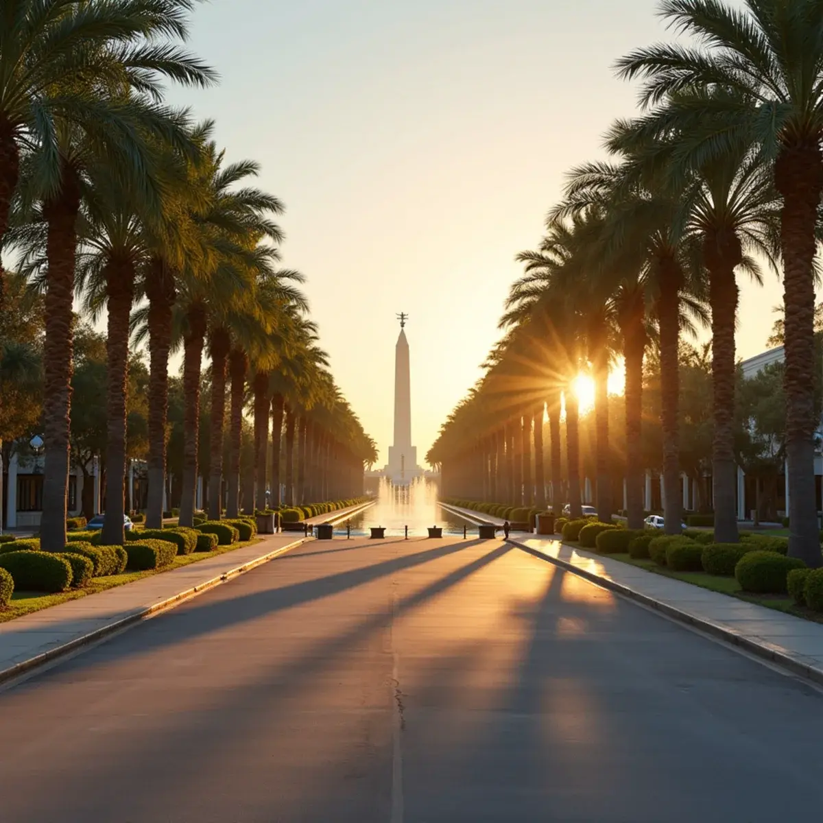 Flights to Orlando: Orlando palm-lined boulevard near the theme parks with a lake and fountain, warm Florida evening