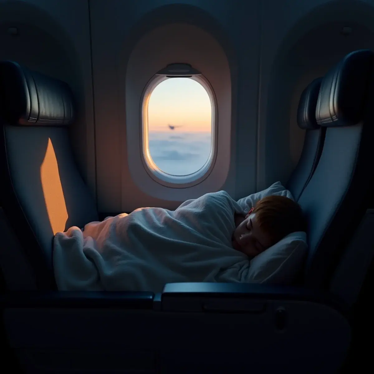 Are Red-Eye Flights Worth It?: a dim cabin at night with a passenger asleep under a blanket and a window showing dawn light