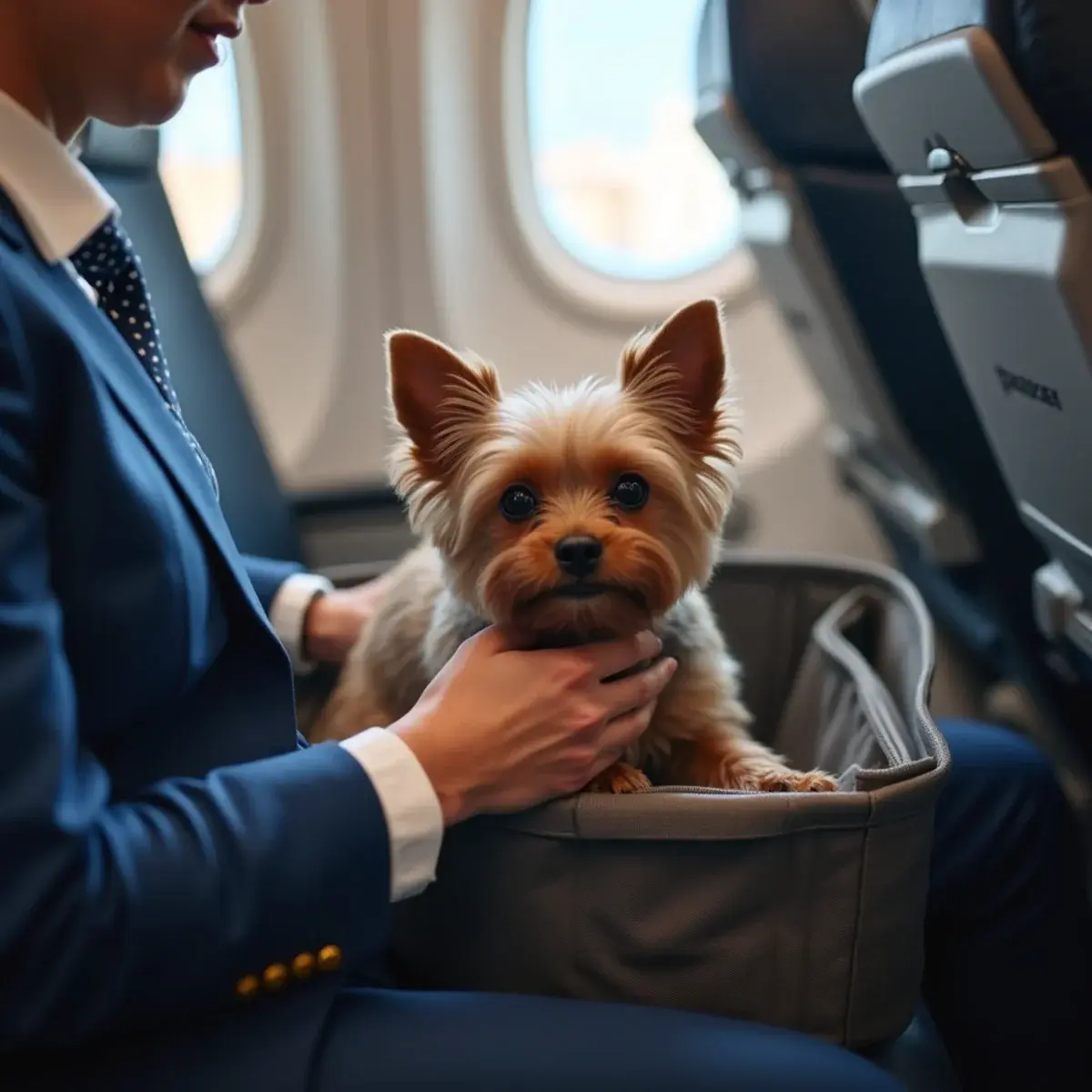 Airline Pet Policies Compared: In-Cabin, Checked, and Cargo: a small dog in a carrier under an airline seat, owner's hand reassuring it