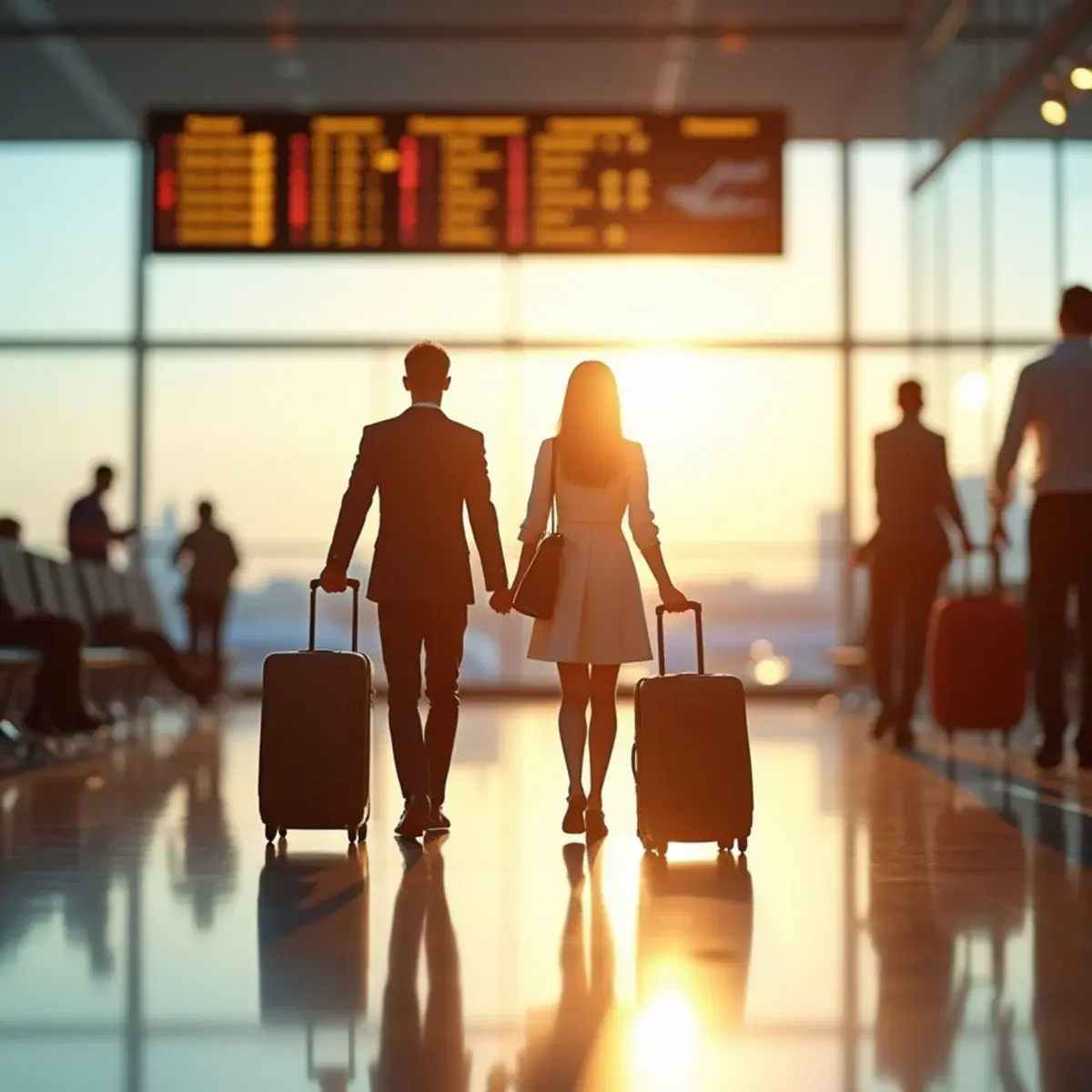 Family flying on a fare booked by phone: a family with rolling suitcases walking through a sunlit airport terminal toward the gates, departures board softly blurred behind them